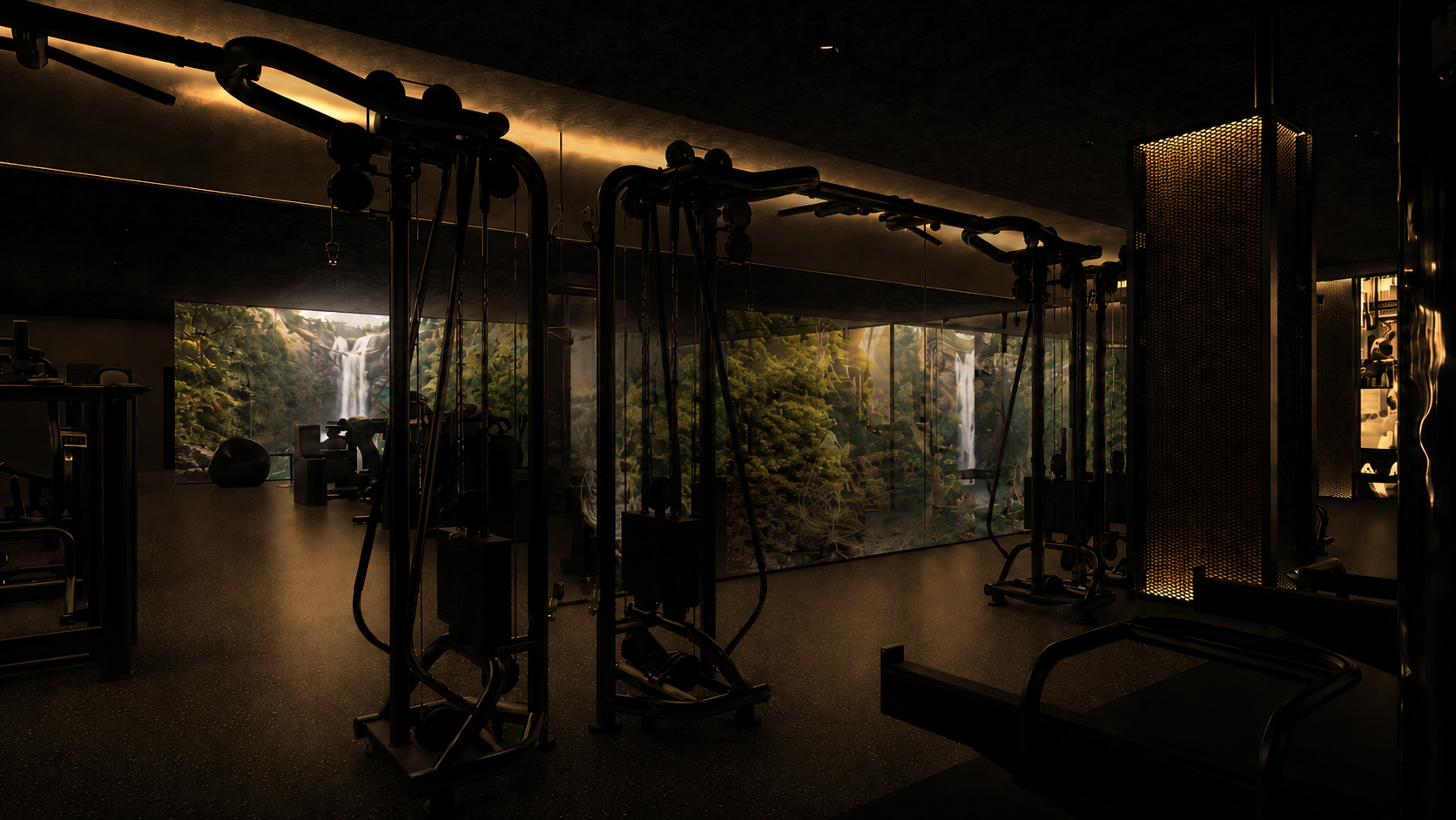 The TEMPLE training floor at night, lit by floor-to-ceiling LED screens